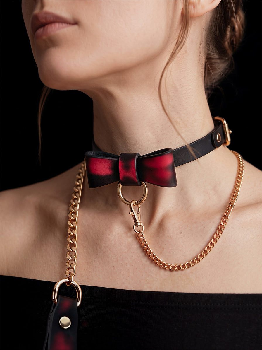 Choker and Necklace, bow leather choker worn on neck, stylish accessory perfect for Indoor Date Ideas