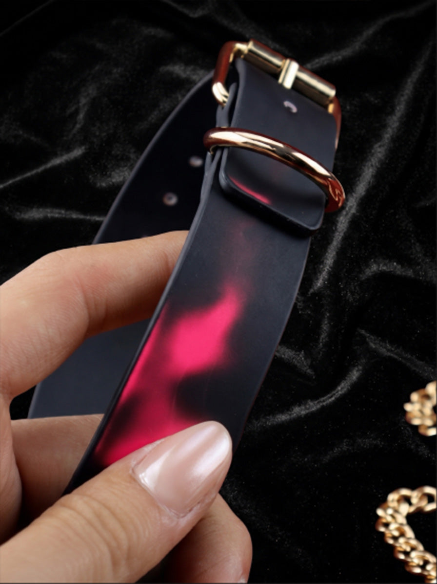 Choker and Necklace, thermochromic gradient leather choker close up, fun item for Indoor Date Ideas