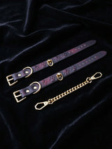 Submissive Collars, flat lay of separate leather straps and connecting chain, thoughtful Date Night Gifts