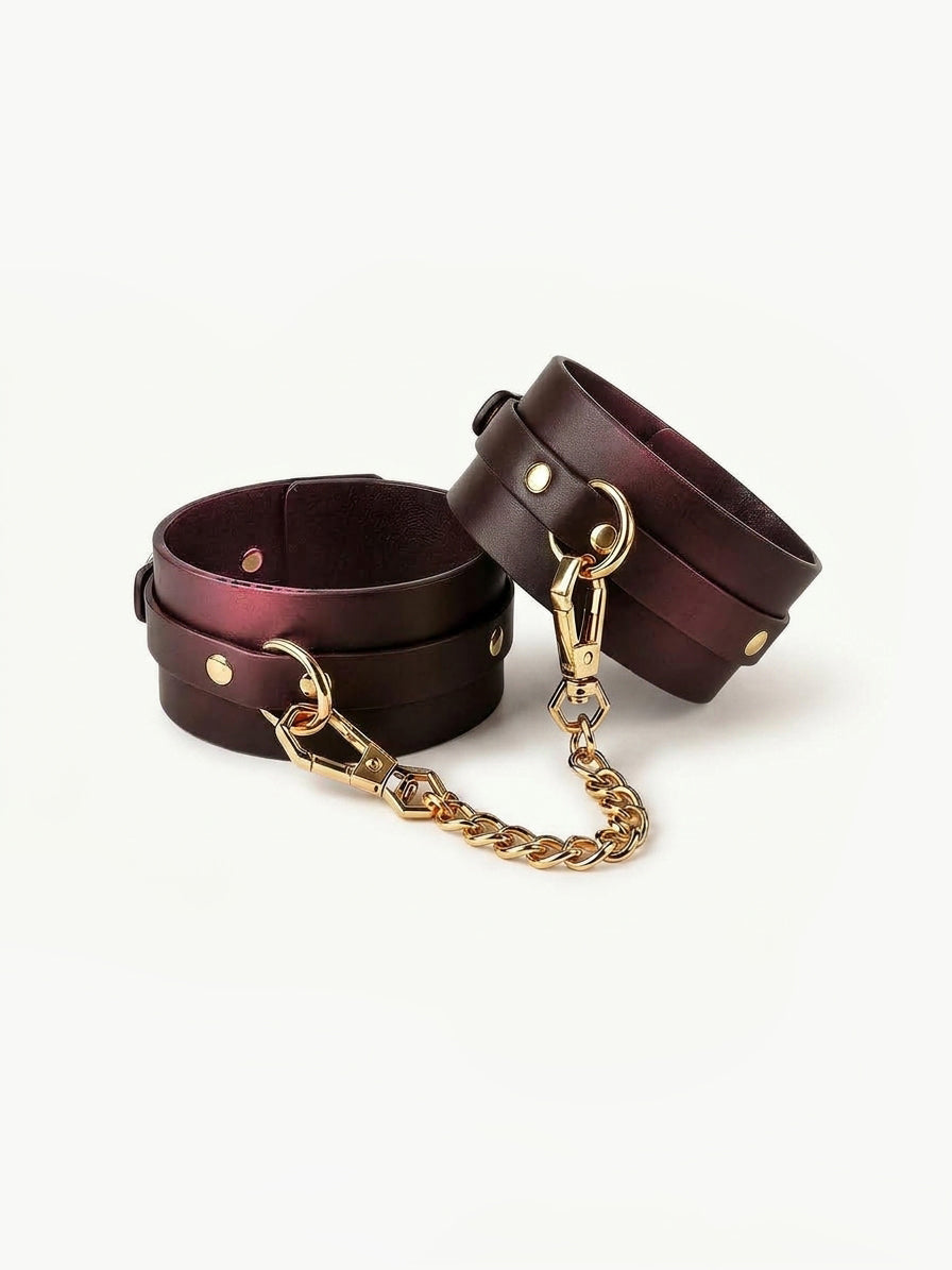 Wrist Cuffs Ankle Cuffs, burgundy gradient leather wrist and ankle set with gold chain, thoughtful Date Night Gifts