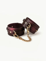 Wrist Cuffs Ankle Cuffs, burgundy gradient leather wrist and ankle set with gold chain, thoughtful Date Night Gifts
