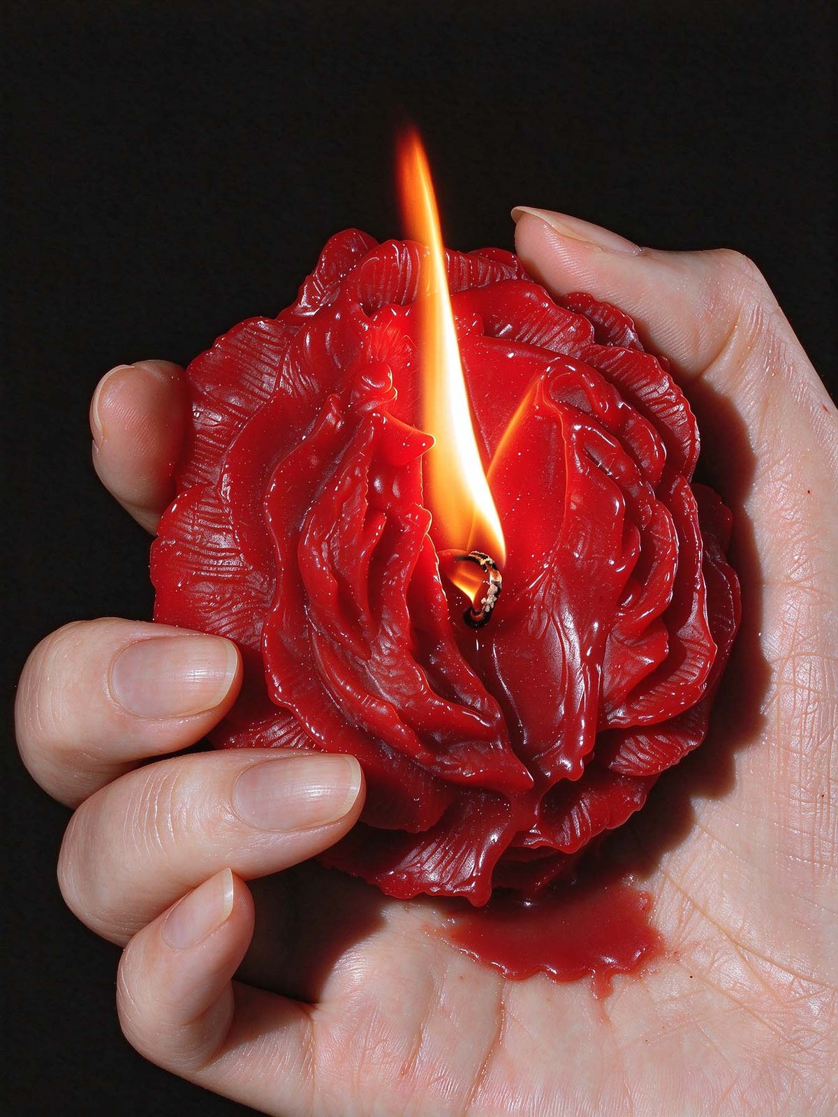 close up shot of lit red rose low temp skin safe massage candle melted wax pooling on hand solid black background artistic flower shaped scented decor candle