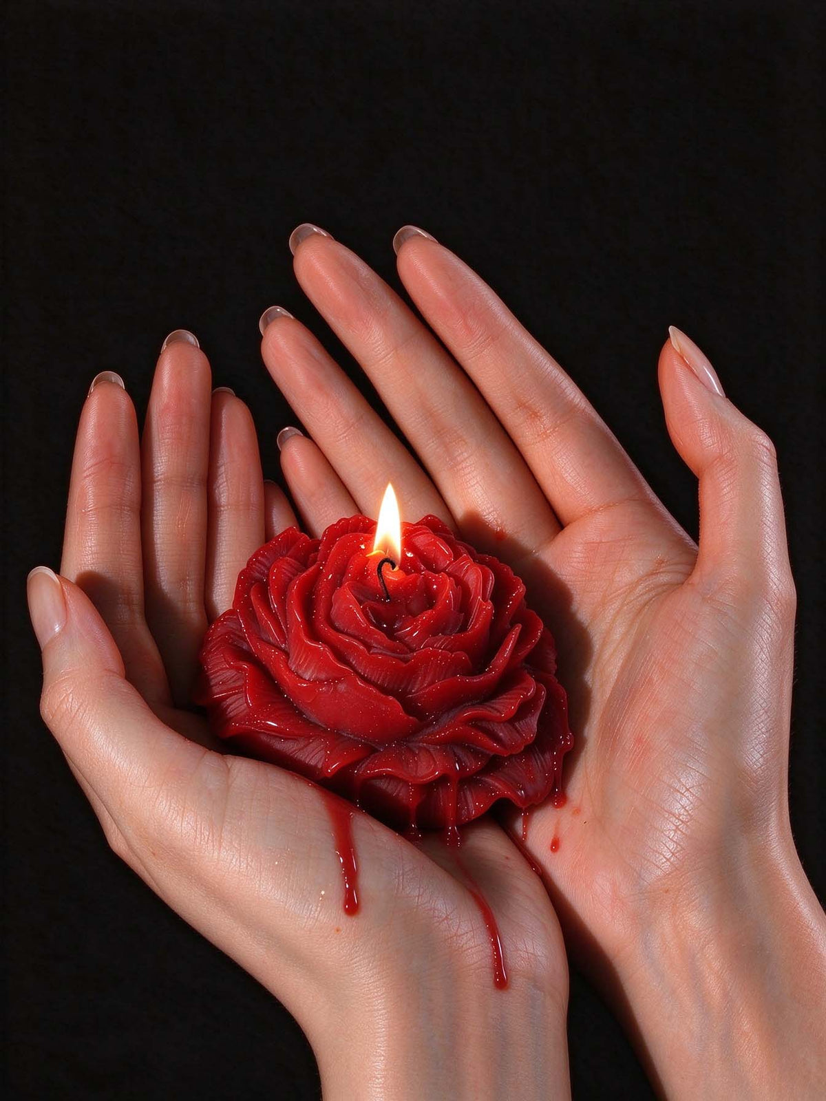 pair of hands holding lit red rose low temp skin safe massage candle melted wax dripping down palms dark background romantic decorative scented candle