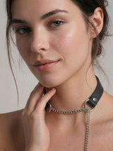 Woman wearing the Pulling Fashion and Fun Choker, leather collar with layered chain detail
