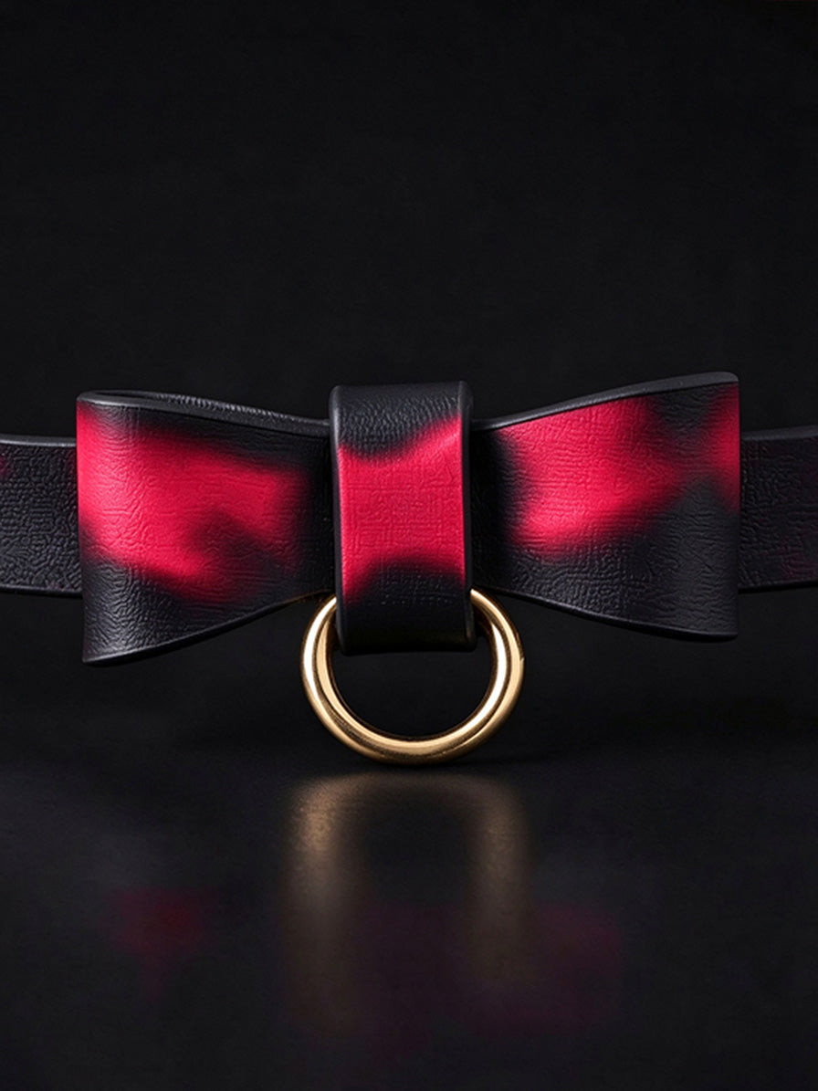 Thermochromic leather choker necklace bow closeup, red black gradient temperature color changing leather bow with gold D ring, fashion leather collar accessory